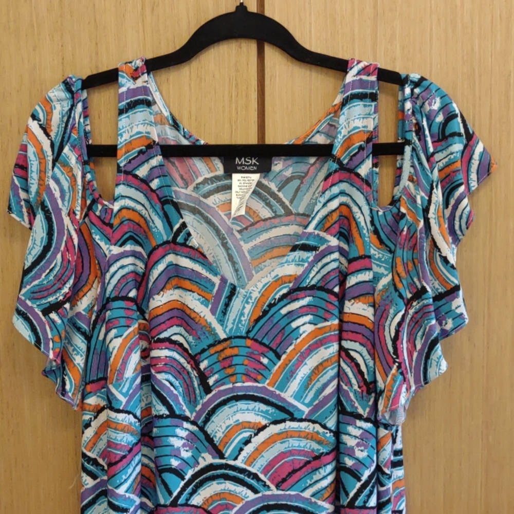 +SZ Cold Shoulder Blue/Orange Printed Dress SZ 1X By MSK Women - Picture 3 of 6